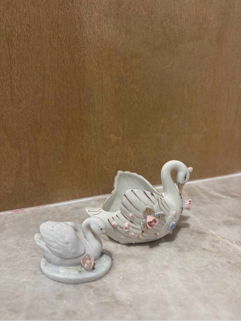 Porcelain White Swan Decorative Planter with Pink Floral Accents